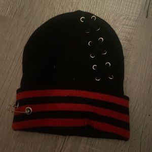 Red and Black Beanie With Lacing And Pin From Hit Topic || Never Used